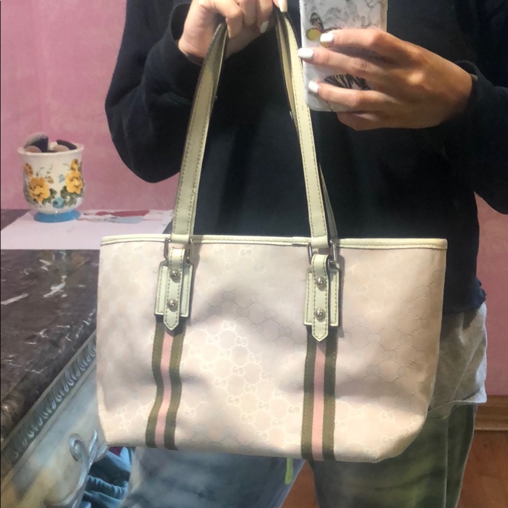 Baby pink Gucci Monogram handbag tote